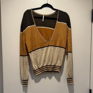 Free People Beige and Gold Knit sparkle Sweater